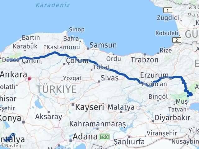 Bolu Bulanık Muş Arası Kaç Km - Yol Haritası