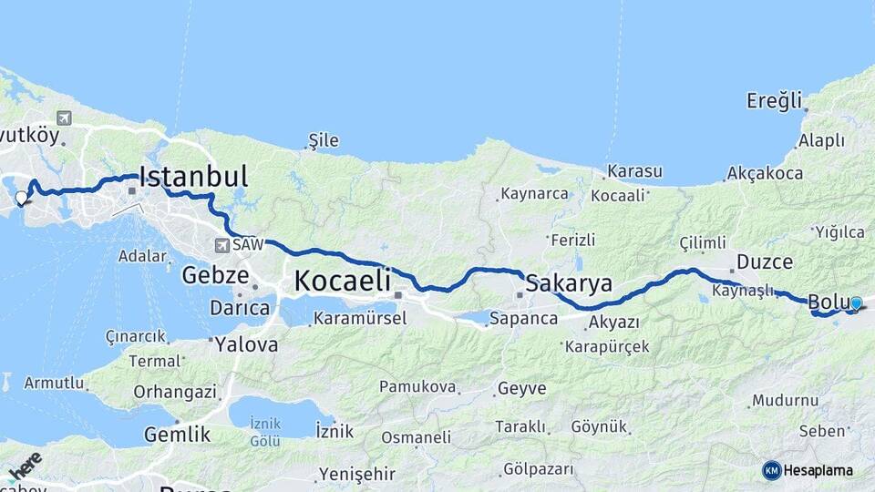 Bolu Büyükçekmece İstanbul Arası Kaç Km - Yol Haritası