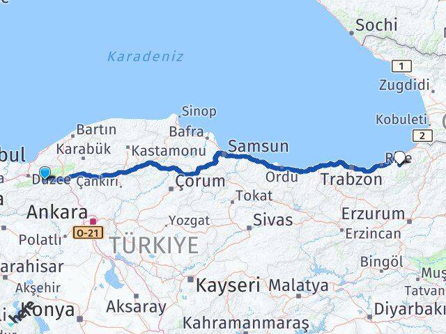 Bolu Çamlıhemşin Rize Arası Kaç Km - Yol Haritası