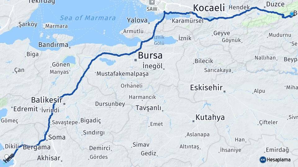 Bolu Çandarlı Dikili İzmir Arası Kaç Km - Yol Haritası