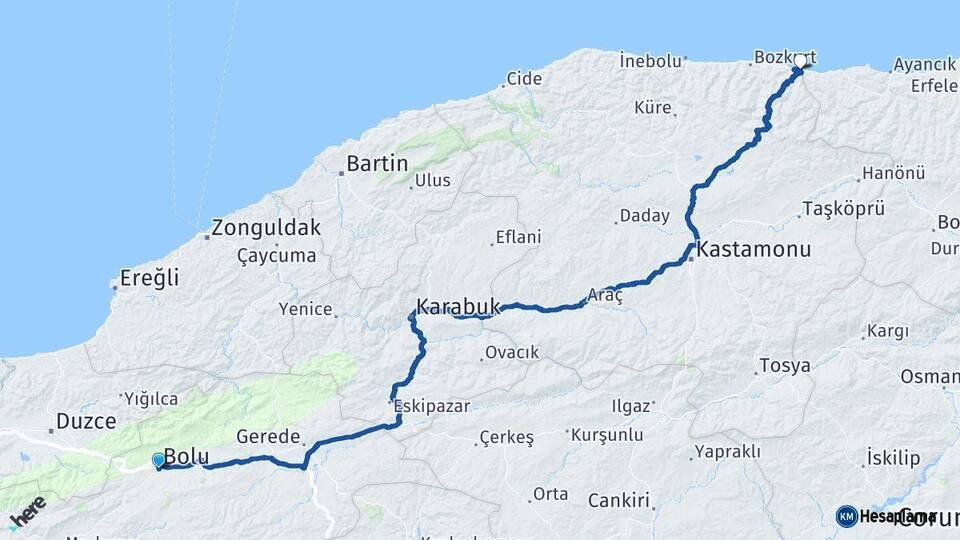 Bolu Çatalzeytin Kastamonu Arası Kaç Km - Yol Haritası
