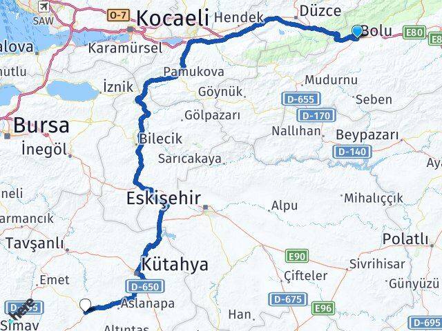 Bolu Çavdarhisar Kütahya Arası Kaç Km - Yol Haritası