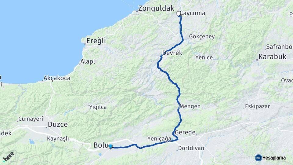 Bolu Çaycuma Zonguldak Arası Kaç Km - Yol Haritası