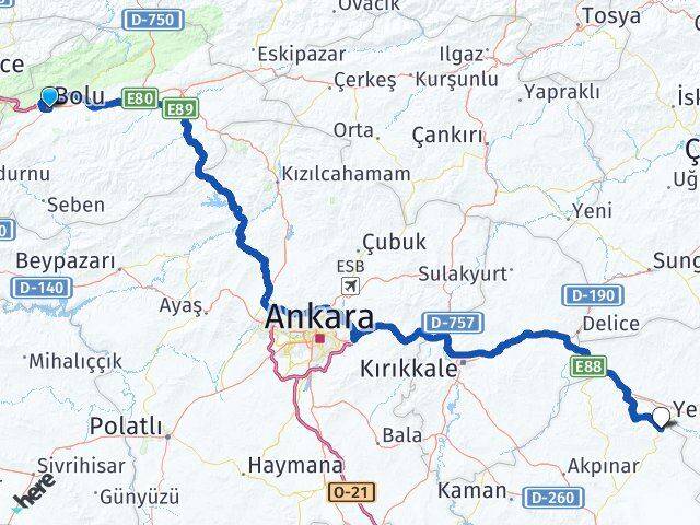 Bolu Çiçekdağı Kırşehir Arası Kaç Km - Yol Haritası
