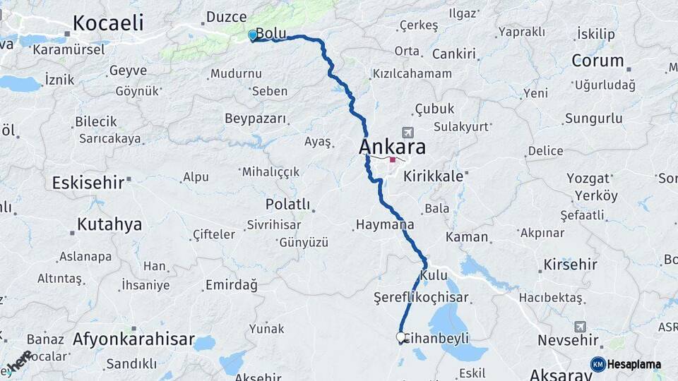 Bolu Cihanbeyli Konya Arası Kaç Km - Yol Haritası