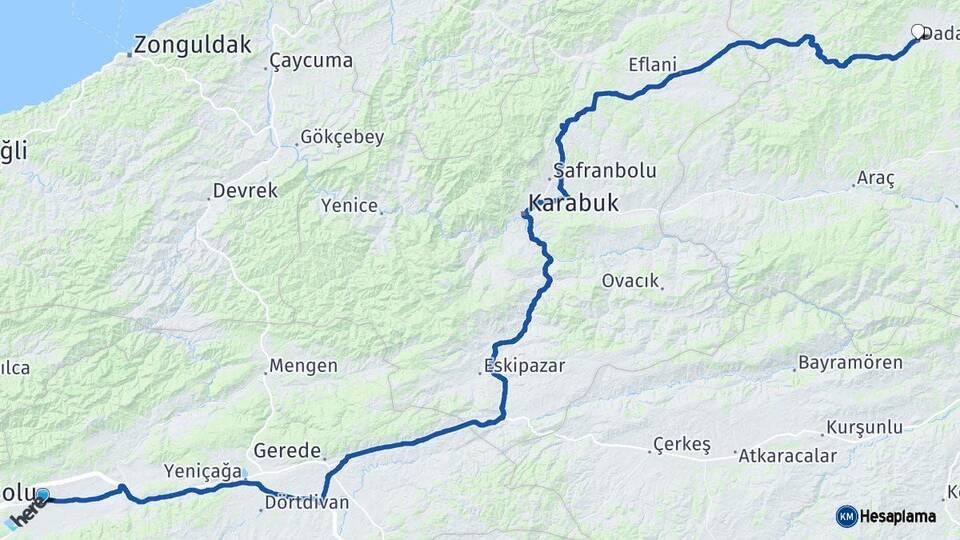 Bolu Daday Kastamonu Arası Kaç Km - Yol Haritası
