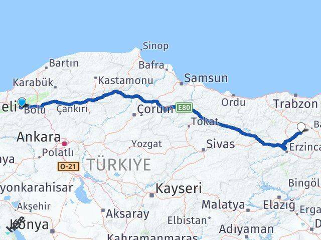 Bolu Demirözü Bayburt Arası Kaç Km - Yol Haritası