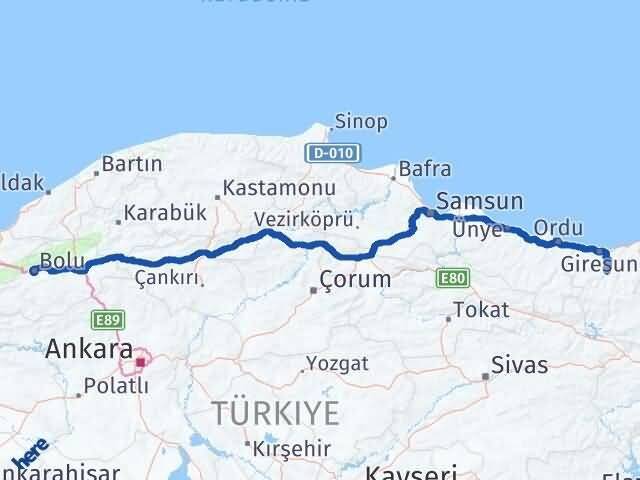 Bolu Dereli Giresun Arası Kaç Km - Yol Haritası
