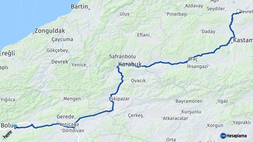 Bolu Devrekani Kastamonu Arası Kaç Km - Yol Haritası
