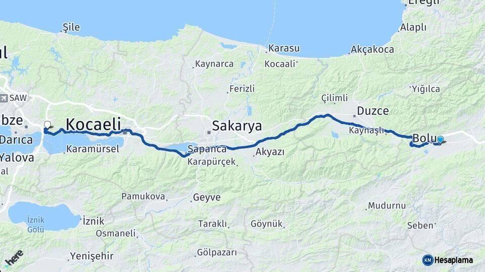 Bolu Dilovası Kocaeli Arası Kaç Km - Yol Haritası