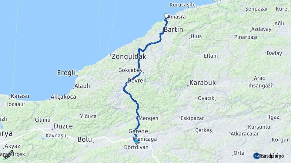 Bolu Dörtdivan Amasra Bartın Arası Kaç Km - Yol Haritası