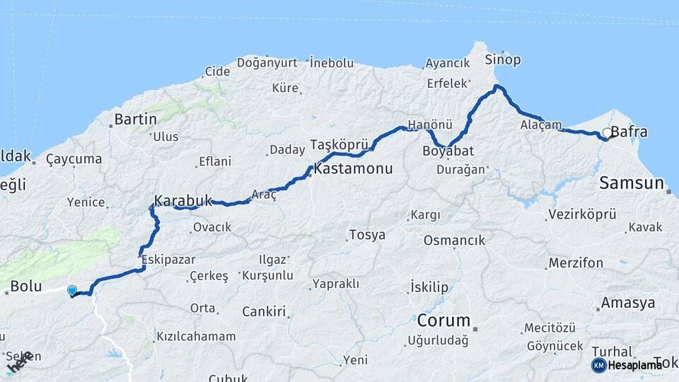 Bolu Dörtdivan Bafra Samsun Arası Kaç Km - Yol Haritası