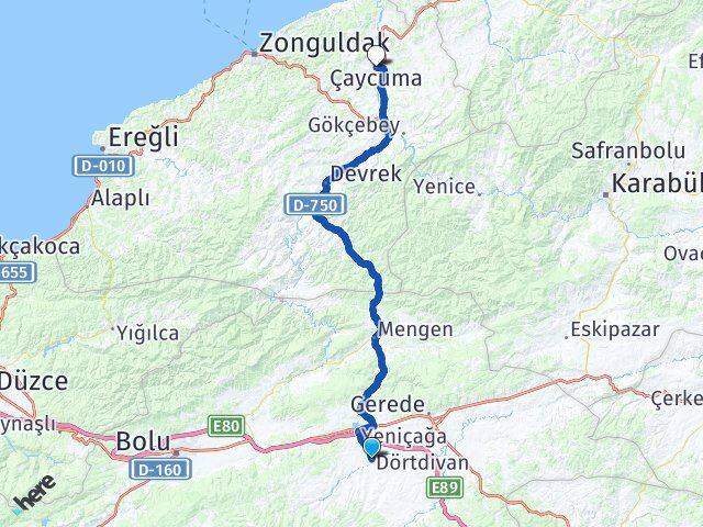 Bolu Dörtdivan Çaycuma Zonguldak Arası Kaç Km - Yol Haritası