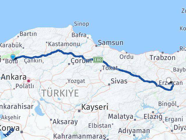 Bolu Dörtdivan Çayırlı Erzincan Arası Kaç Km - Yol Haritası