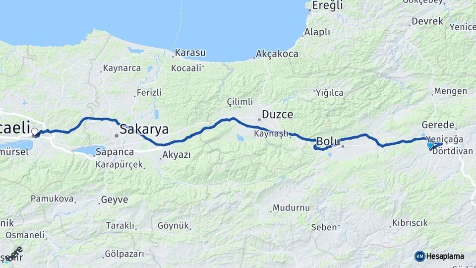 Bolu Dörtdivan Kocaeli Arası Kaç Km - Yol Haritası
