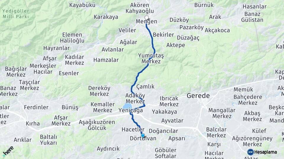 Bolu Dörtdivan Mengen Arası Kaç Km - Yol Haritası