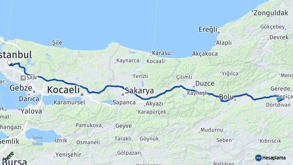 Bolu Dörtdivan Ümraniye İstanbul Arası Kaç Km - Yol Haritası