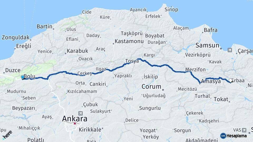 Bolu Erbaa Tokat Arası Kaç Km - Yol Haritası