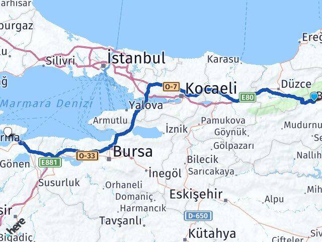 Bolu Erdek Balıkesir Arası Kaç Km - Yol Haritası