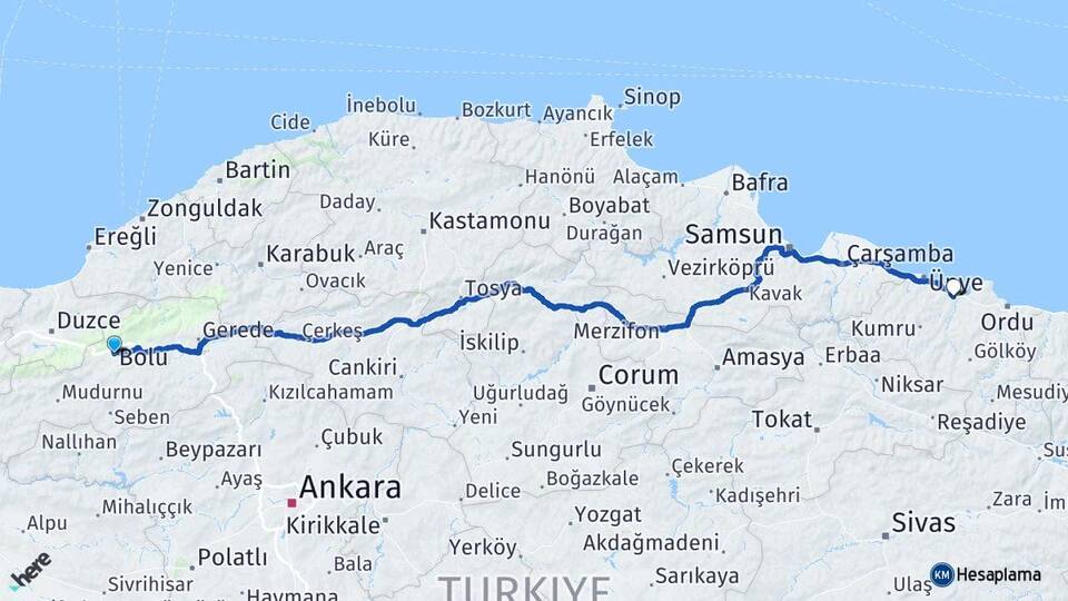 Bolu Fatsa Ordu Arası Kaç Km - Yol Haritası