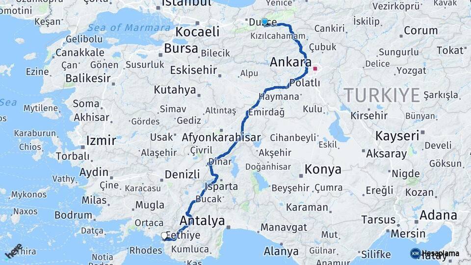 Bolu Fethiye Muğla Arası Kaç Km - Yol Haritası