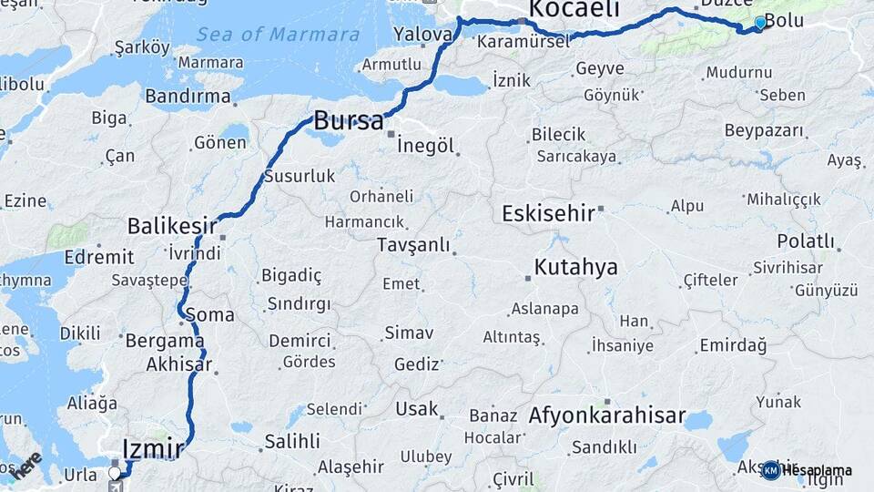 Bolu Gaziemir İzmir Arası Kaç Km - Yol Haritası