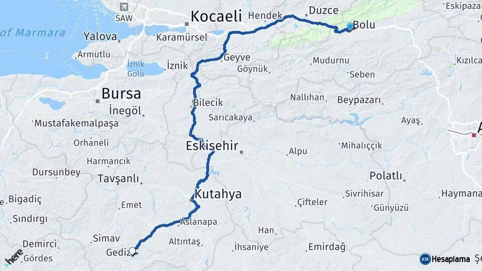 Bolu Gediz Kütahya Arası Kaç Km - Yol Haritası
