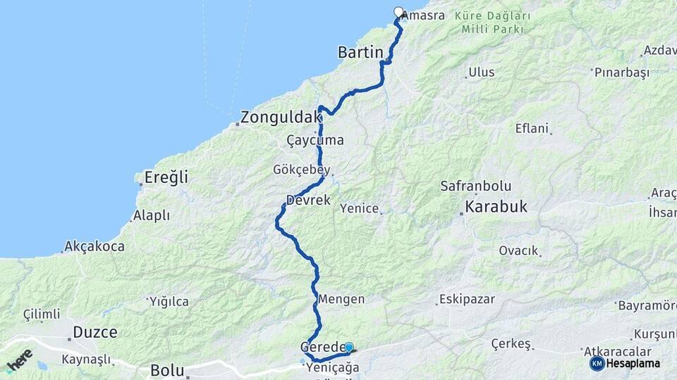 Bolu Gerede Amasra Bartın Arası Kaç Km - Yol Haritası