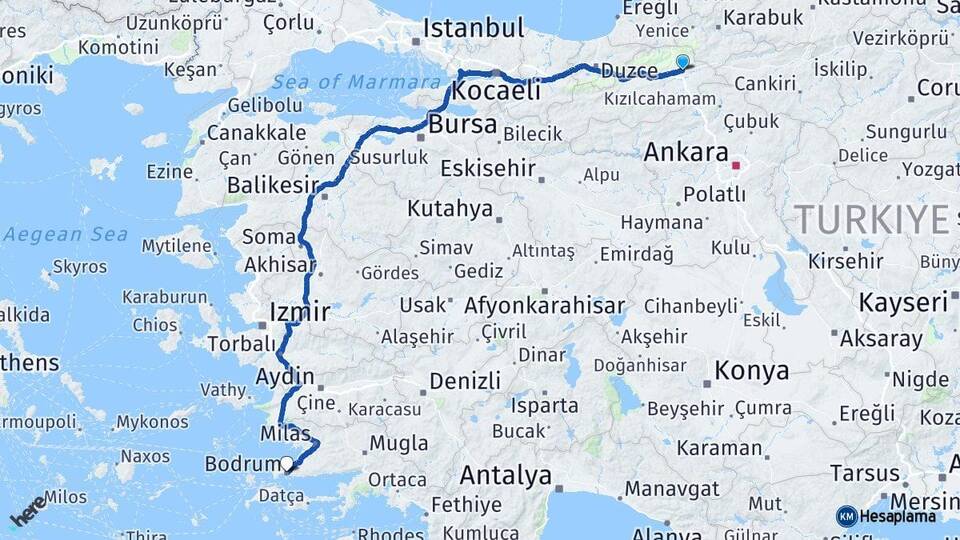Bolu Gerede Bodrum Muğla Arası Kaç Km - Yol Haritası