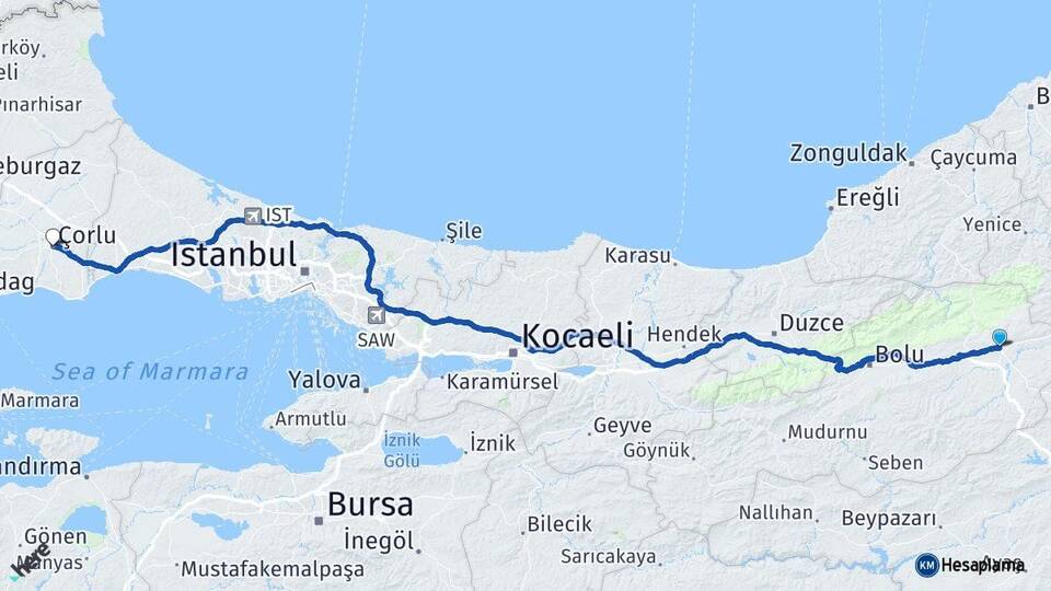 Bolu Gerede Çorlu Tekirdağ Arası Kaç Km - Yol Haritası