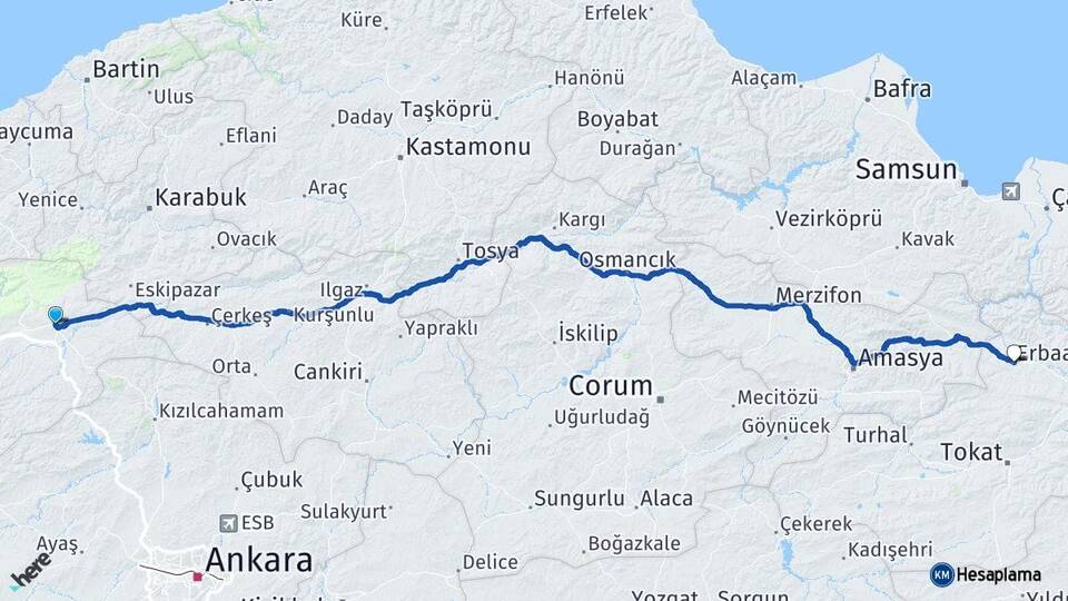 Bolu Gerede Erbaa Tokat Arası Kaç Km - Yol Haritası