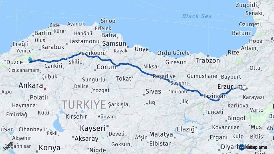 Bolu Gerede Erzurum Arası Kaç Km - Yol Haritası