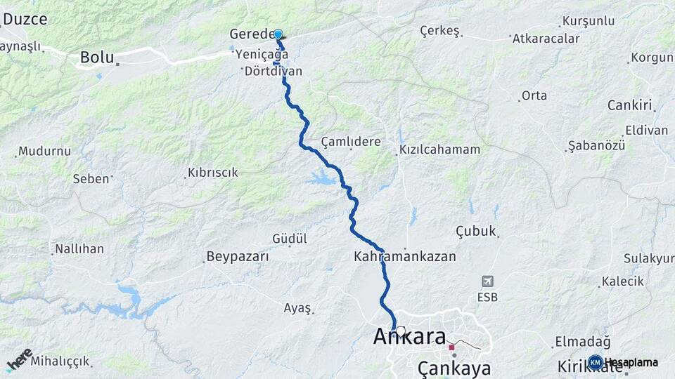 Bolu Gerede Etimesgut Ankara Arası Kaç Km - Yol Haritası