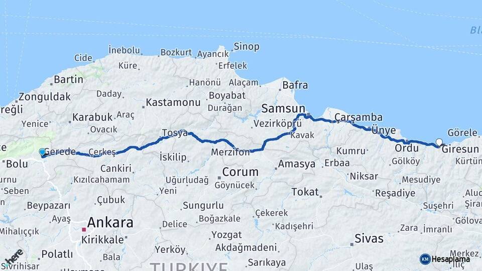 Bolu Gerede Giresun Arası Kaç Km - Yol Haritası
