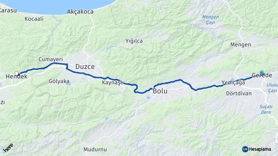Bolu Gerede Hendek Sakarya Arası Kaç Km - Yol Haritası