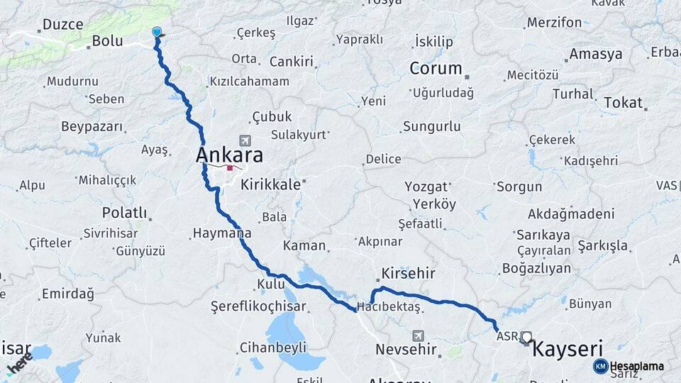 Bolu Gerede Kayseri Arası Kaç Km - Yol Haritası