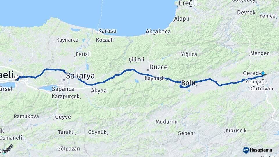 Bolu Gerede Kocaeli Arası Kaç Km - Yol Haritası