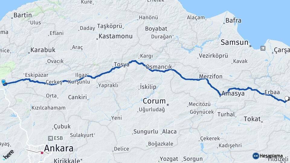 Bolu Gerede Niksar Tokat Arası Kaç Km - Yol Haritası