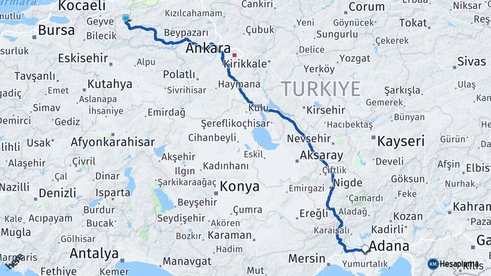 Bolu Göynük Adana Arası Kaç Km - Yol Haritası