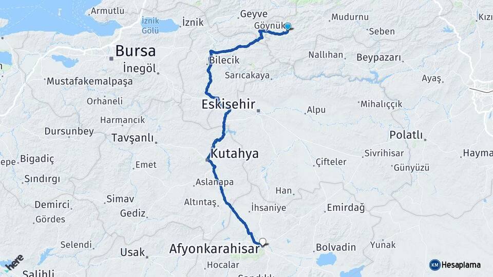 Bolu Göynük Afyonkarahisar Arası Kaç Km - Yol Haritası