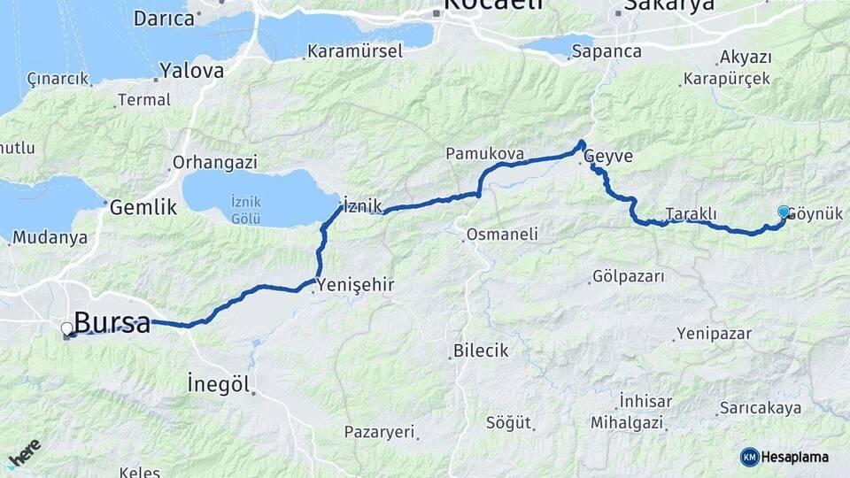 Bolu Göynük Bursa Arası Kaç Km - Yol Haritası