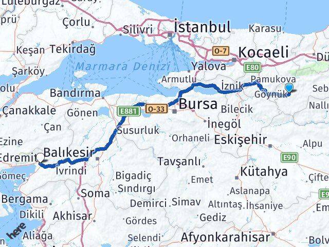 Bolu Göynük Edremit Balıkesir Arası Kaç Km - Yol Haritası