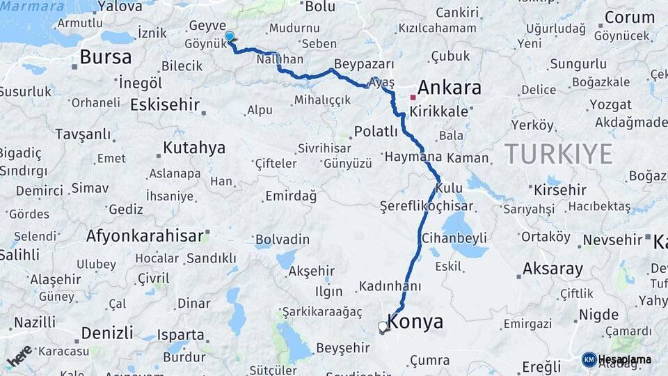 Bolu Göynük Konya Arası Kaç Km - Yol Haritası