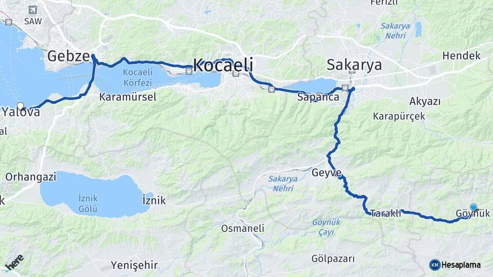 Bolu Göynük Yalova Arası Kaç Km - Yol Haritası