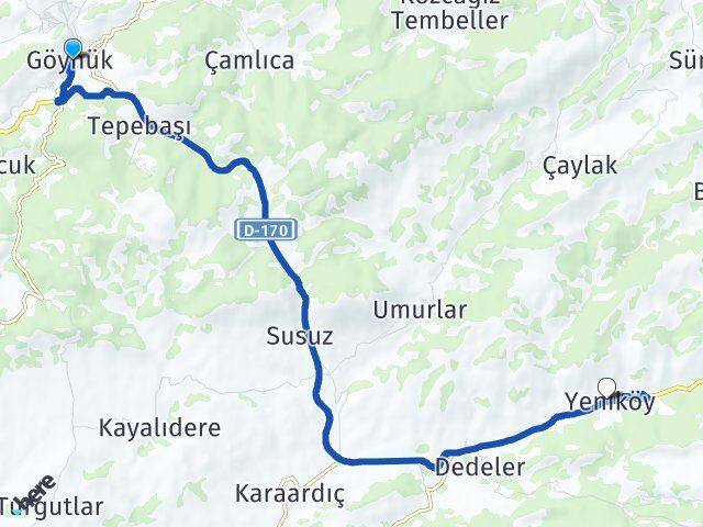 Bolu Göynük Yeniköy Göynük Arası Kaç Km - Yol Haritası