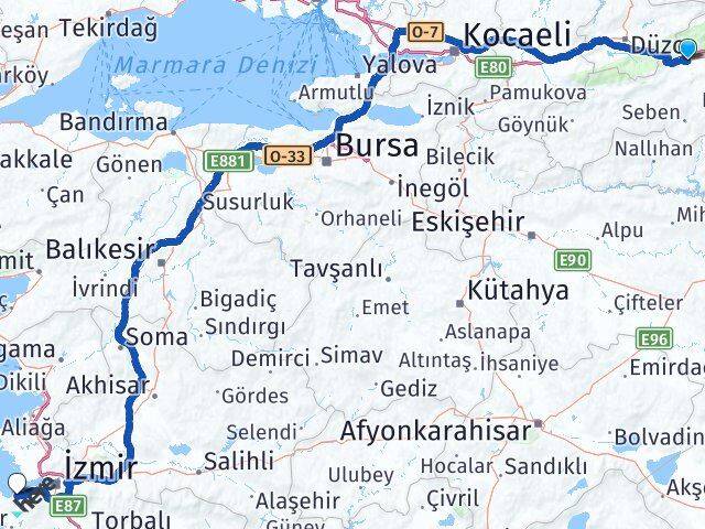 Bolu Güzelbahçe İzmir Arası Kaç Km - Yol Haritası