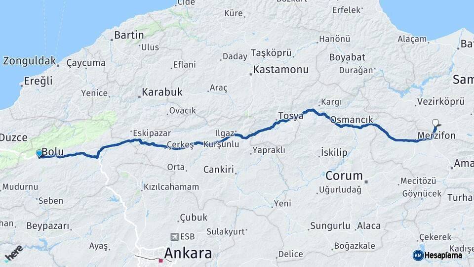 Bolu Havza Samsun Arası Kaç Km - Yol Haritası