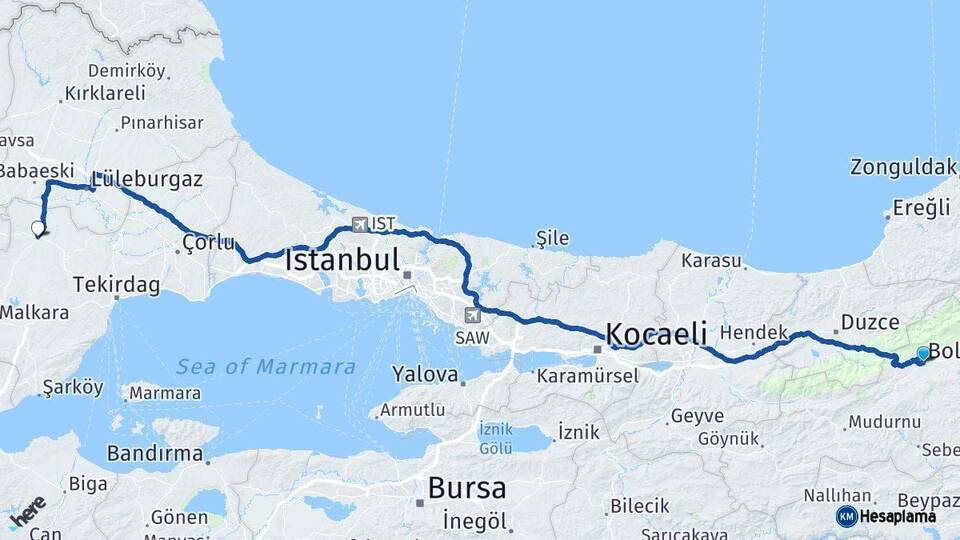 Bolu Hayrabolu Tekirdağ Arası Kaç Km - Yol Haritası