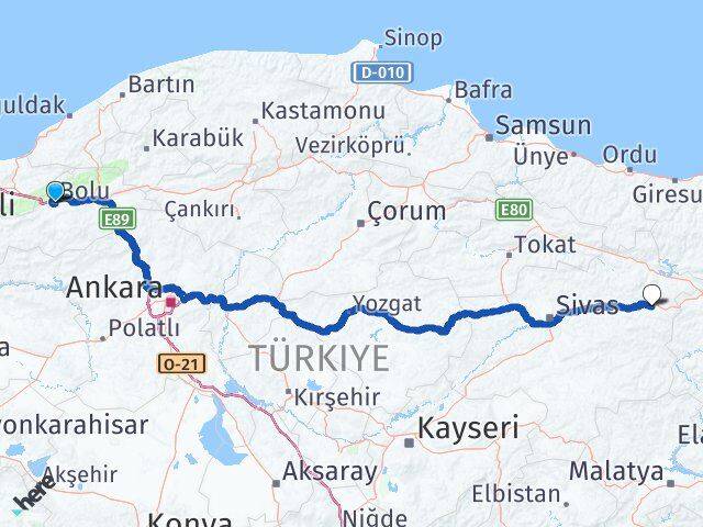 Bolu İmranlı Sivas Arası Kaç Km - Yol Haritası