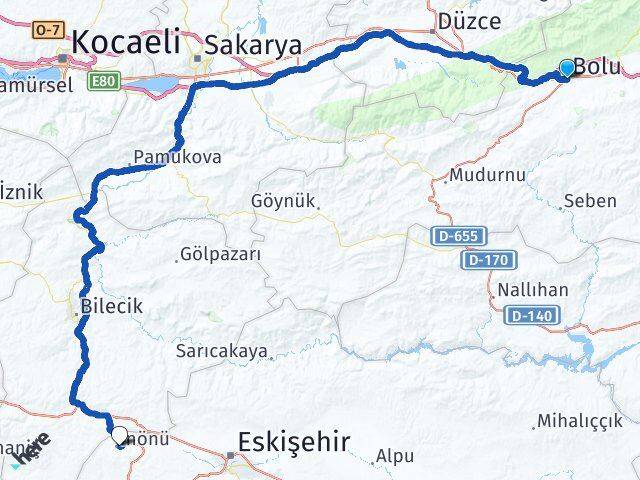 Bolu İnönü Eskişehir Arası Kaç Km - Yol Haritası